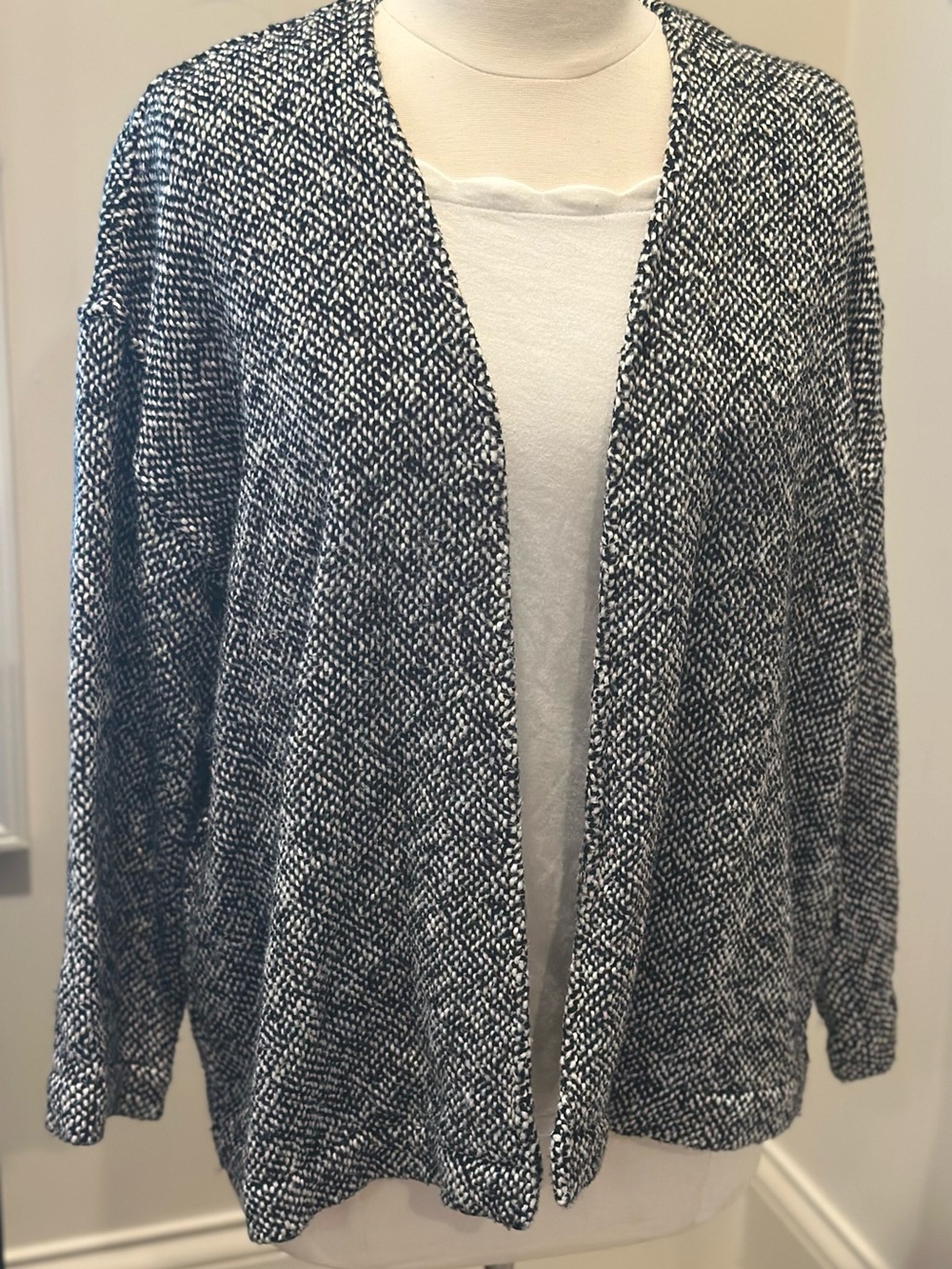 Eileen Fisher Organic Cotton Black White Marled Textured Open Front Cardigan SM